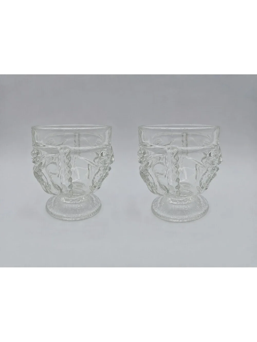 Vintage Indiana Glass Tiki Face Clear Footed Goblets Set of 2 Barware 1970s